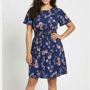 Caslon Dress Blue Floral Smocked Waist Short Sleeve Mini XXL Cottagecore Preppy